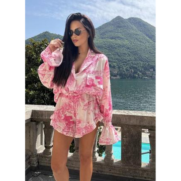 Printed Long Sleeve Blouse & High Waist Ruffle Shorts Set