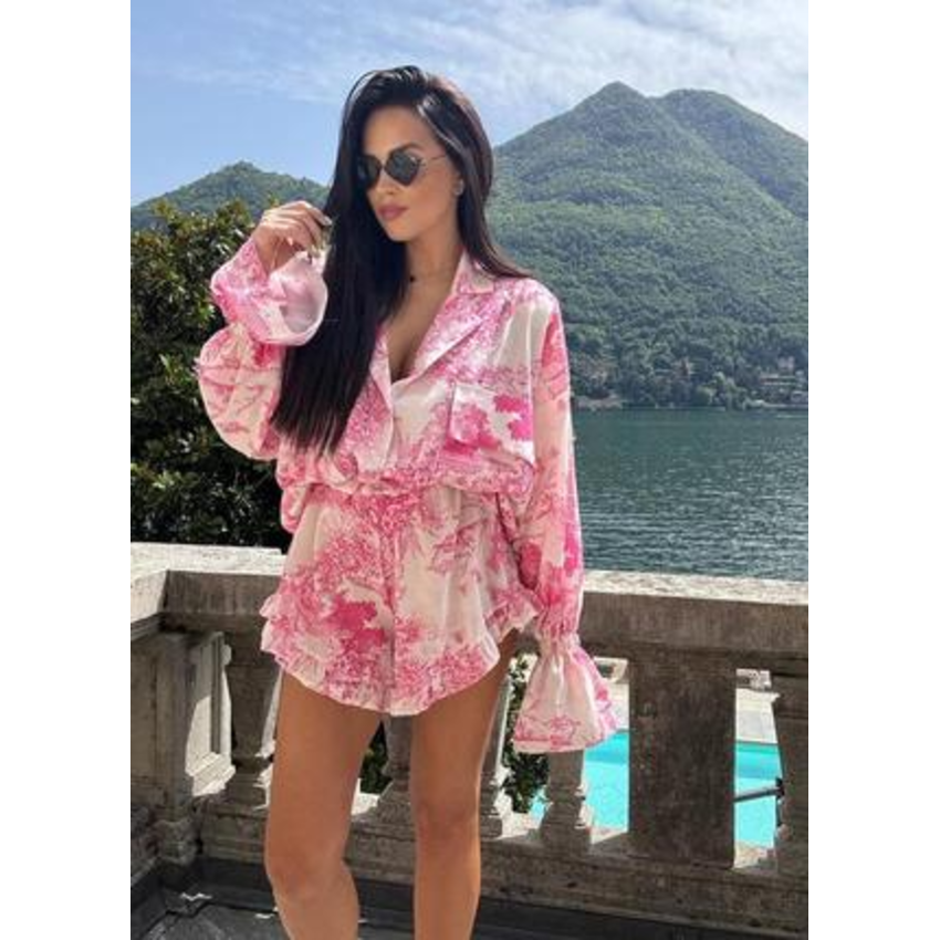 Printed Long Sleeve Blouse & High Waist Ruffle Shorts Set