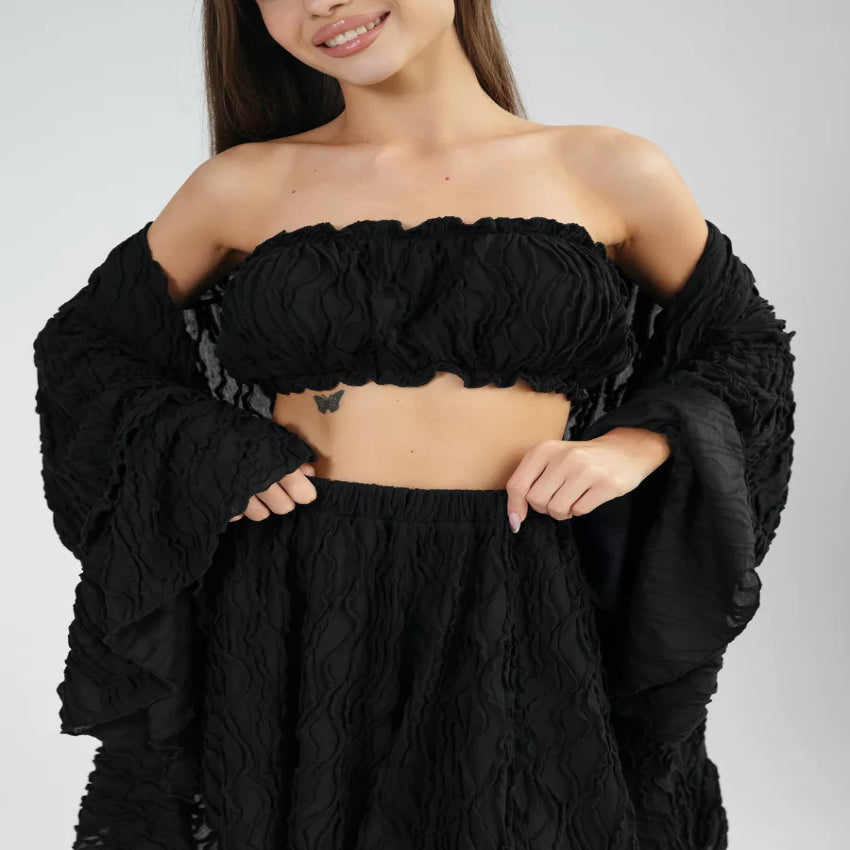 Luxury Cropped Top Skirt & Short Robe Set