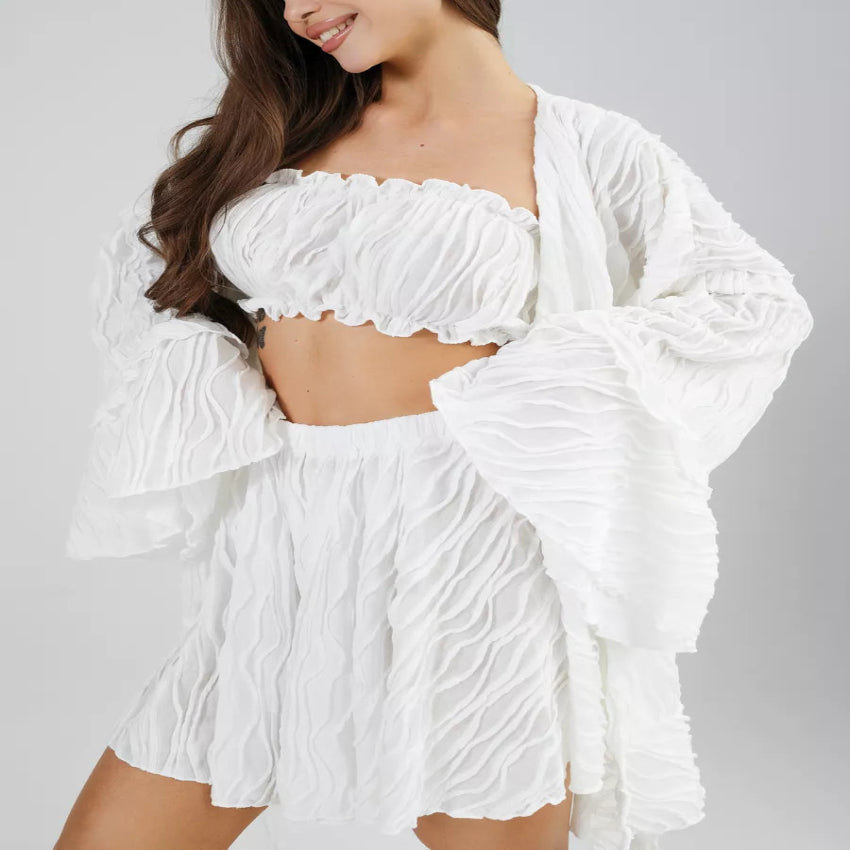 Luxury Cropped Top Skirt & Short Robe Set
