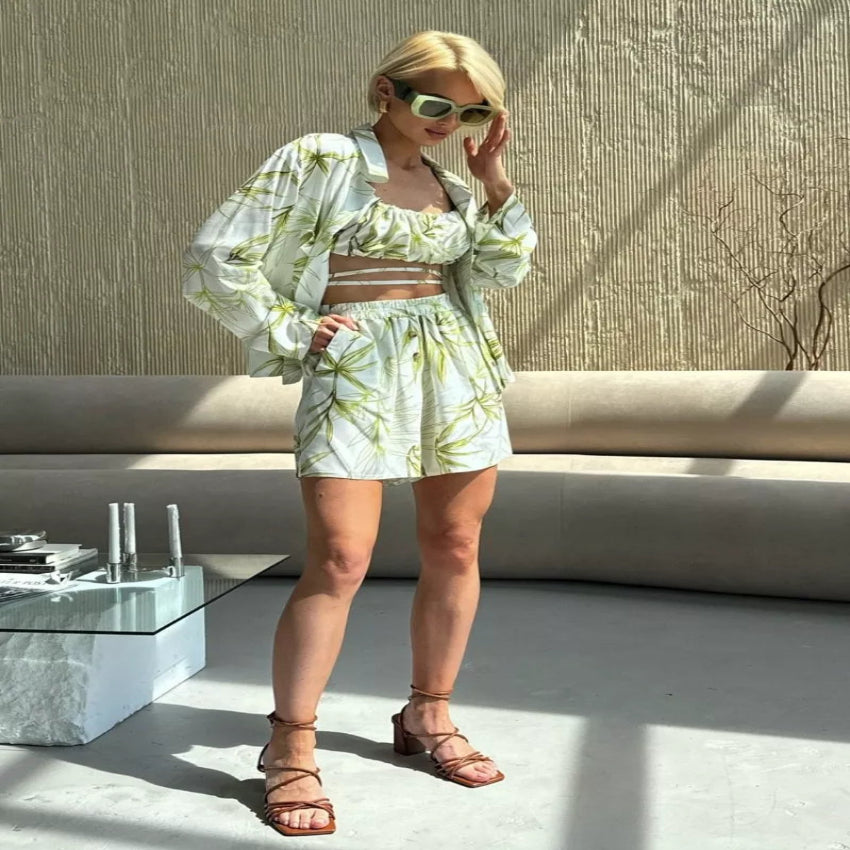 Tropical Print 3-Piece Set – Crop Top, Skirt & Shirt