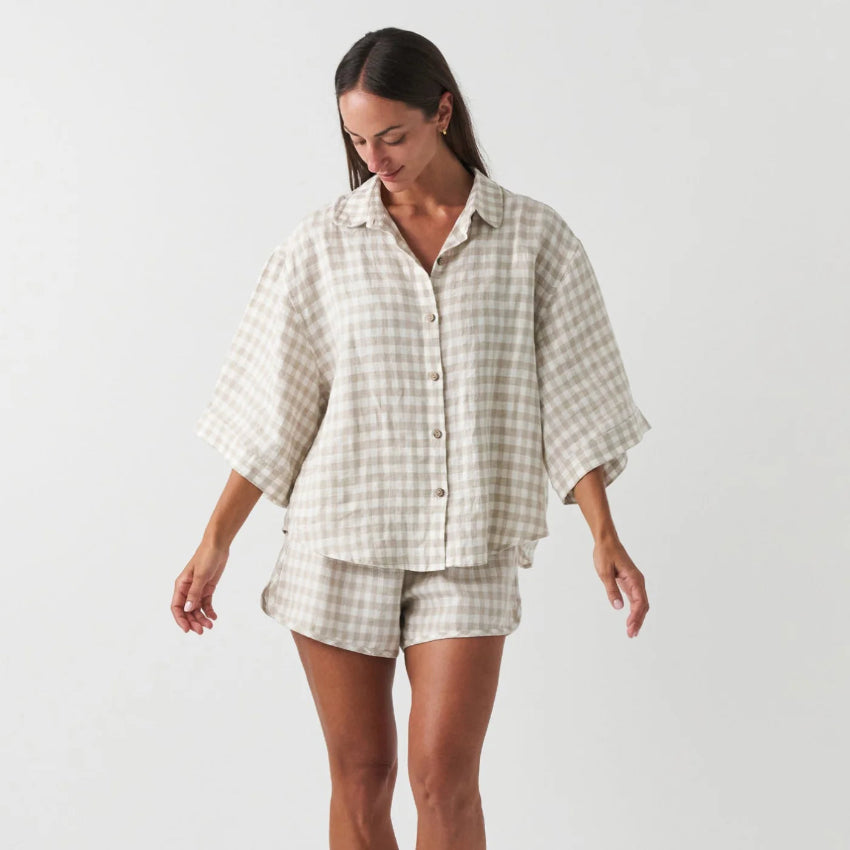 Beige Checked Printed Linen Pajama Set with Shorts