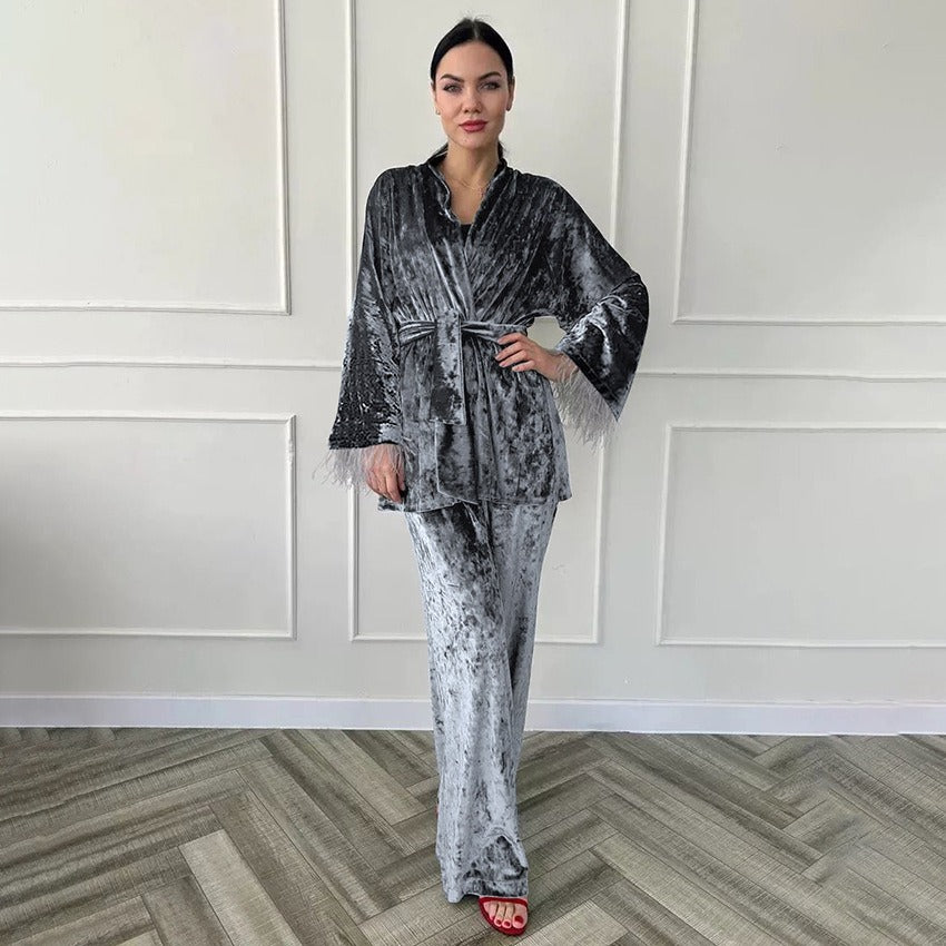 Velvet Robe Pajama Set For Women