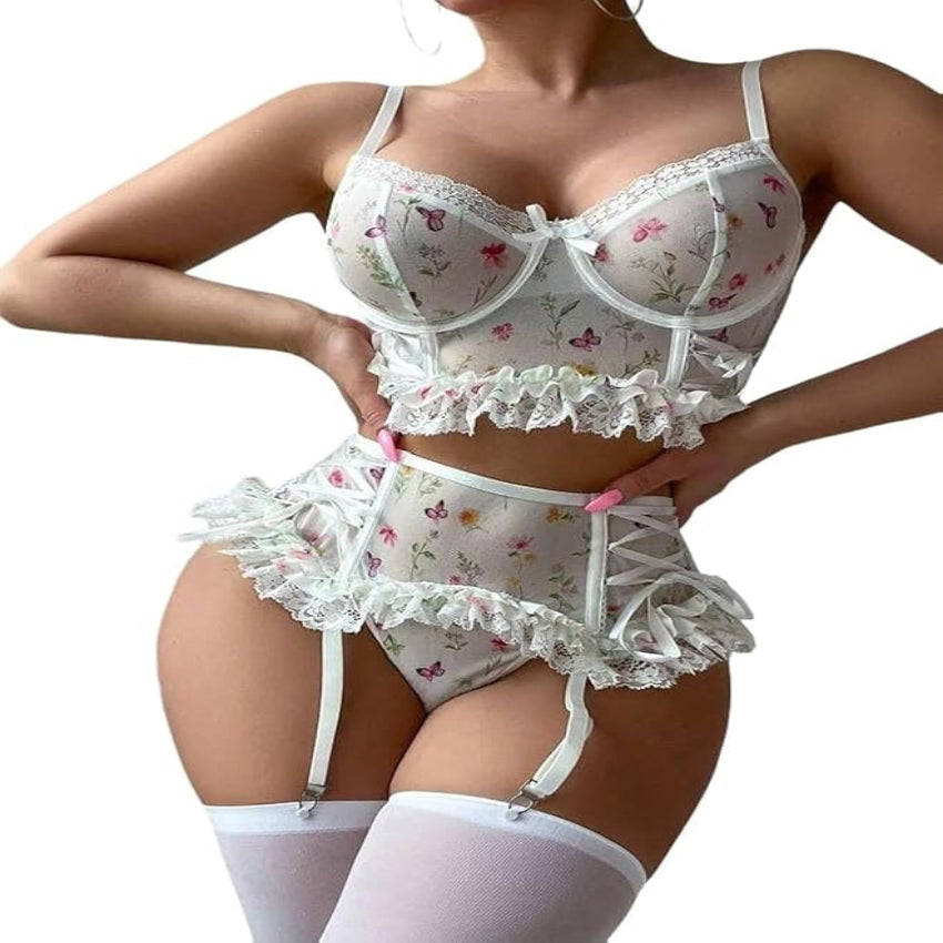 Mesh Floral Sexy 5-Piece Lingerie Set - Women's Intimate Wear