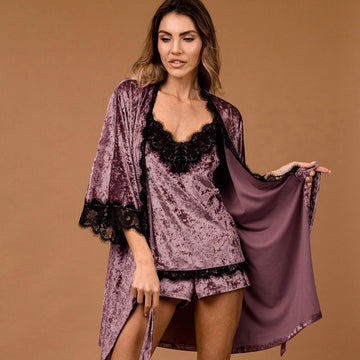 Luxurious 3-Piece Velvet Lace Pajama Set