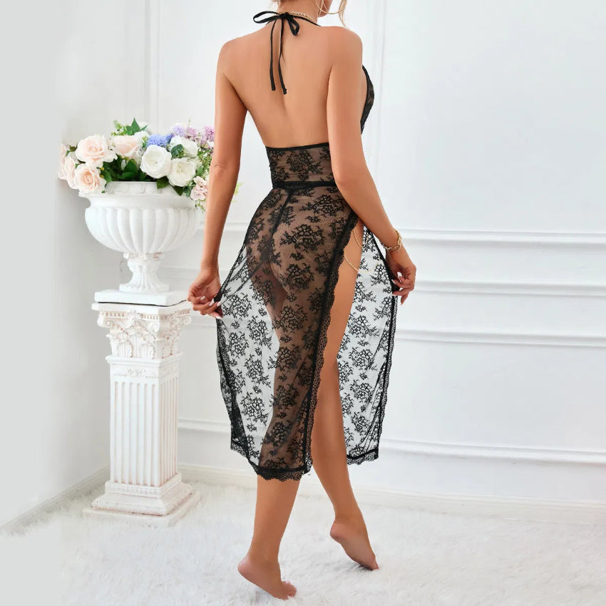 Dark Allure Sheer Lace Maxi Lingerie Dress