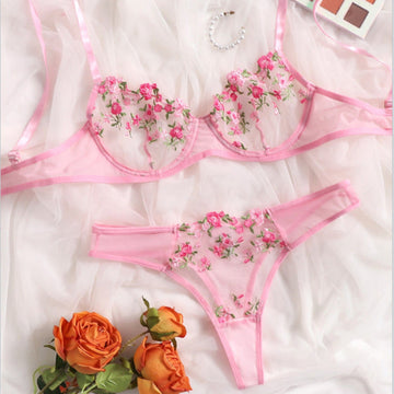 Transparent Floral Embroidered Lace Bra & Panty Set