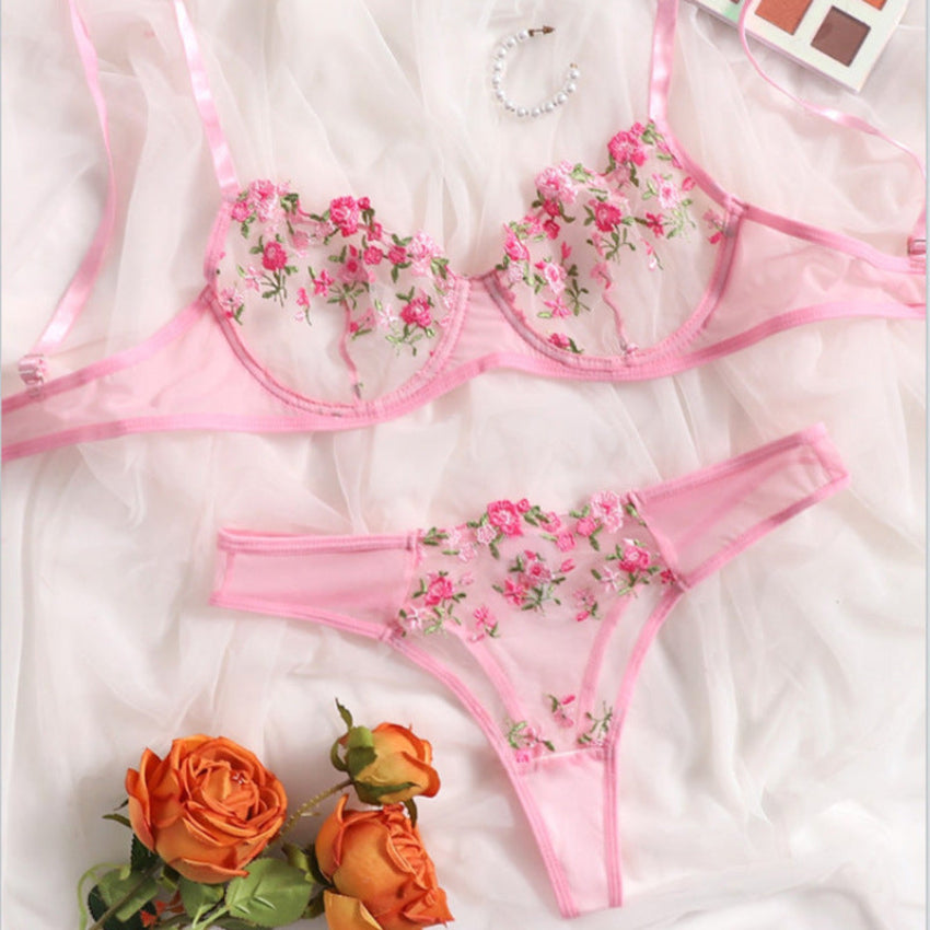 Transparent Floral Embroidered Lace Bra & Panty Set