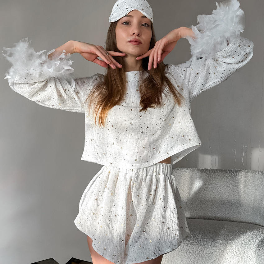 Shiny Top with Feather High-Waisted Shorts Pajama Set for Women