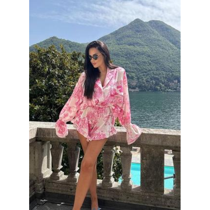 Printed Long Sleeve Blouse & High Waist Ruffle Shorts Set