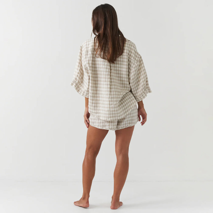 Beige Checked Printed Linen Pajama Set with Shorts