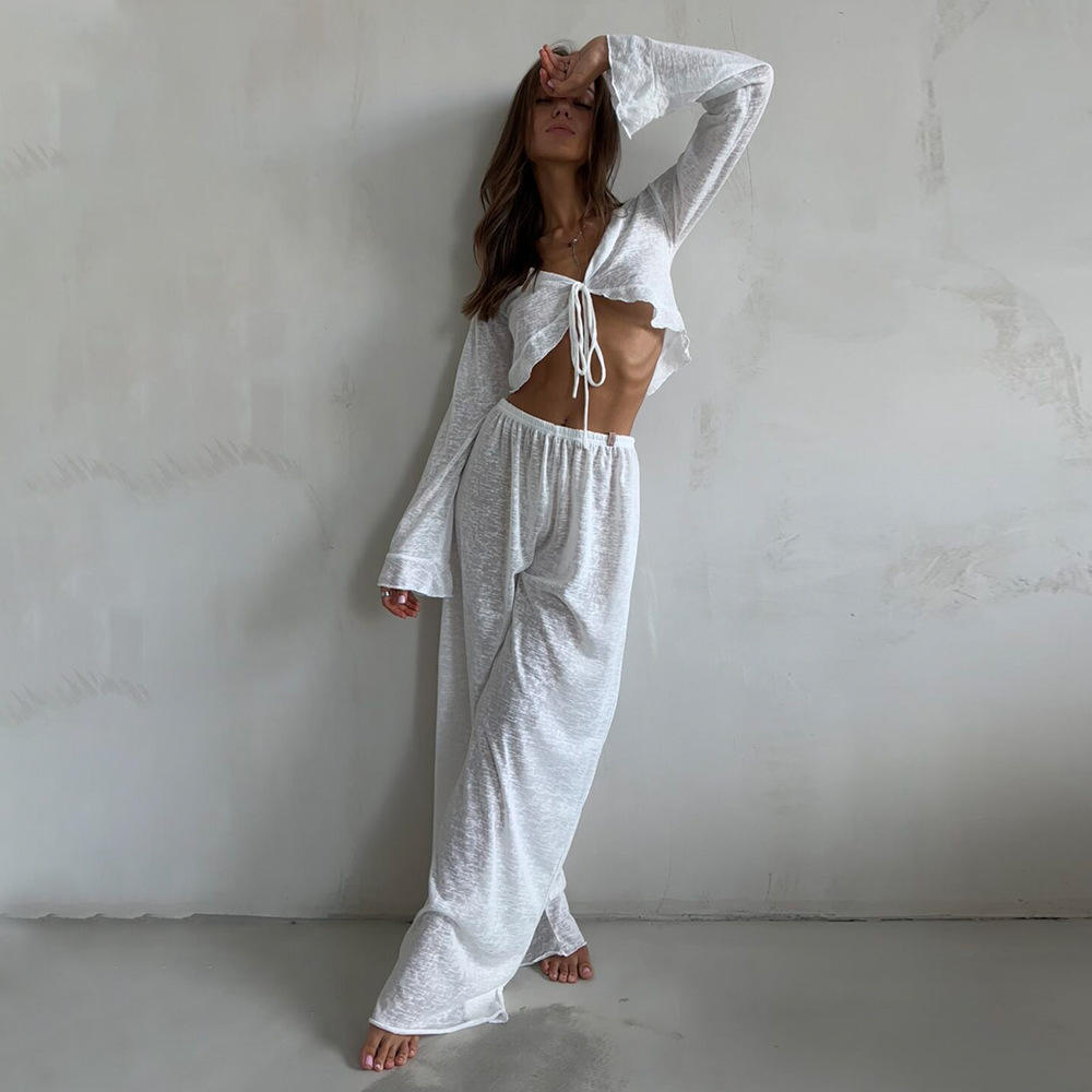 Casual V-Neck Top with Trouser Set for Women