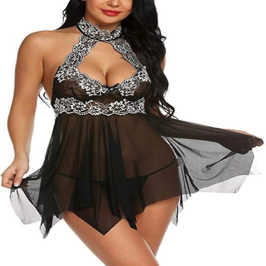 Black Lace Halter Nightwear Set