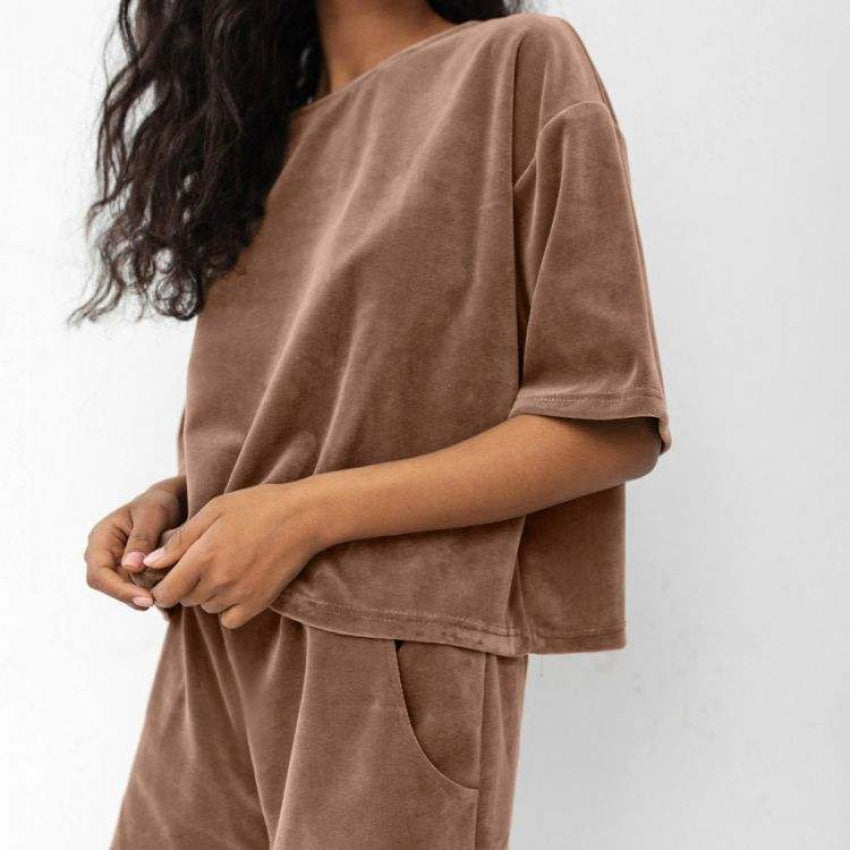 Knitted Round Neck Pajama Set - Casual Loose Fit with Shorts