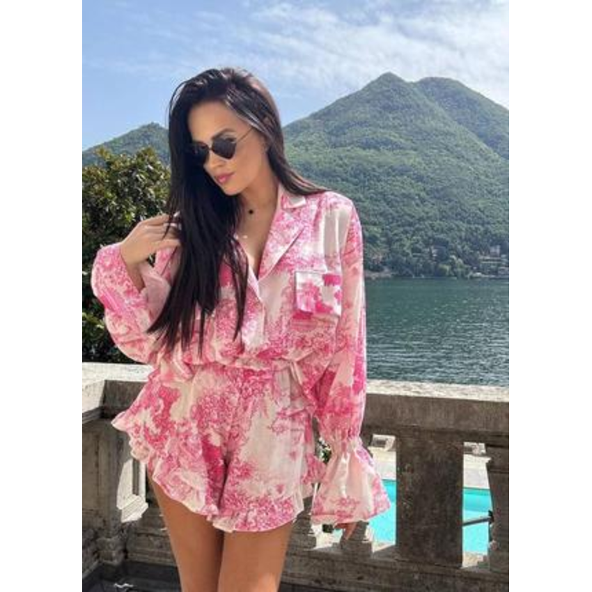 Printed Long Sleeve Blouse & High Waist Ruffle Shorts Set