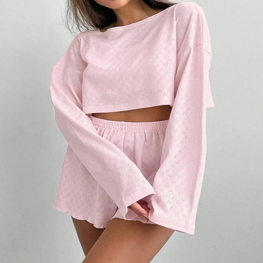 Soft & Stretchy Knit Long Sleeve Top & Shorts Set