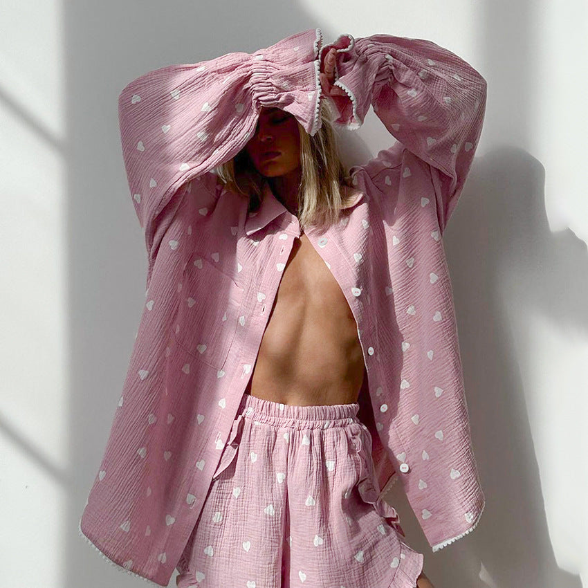 Cotton Heart Print Long Sleeve Shorts Lounge Set