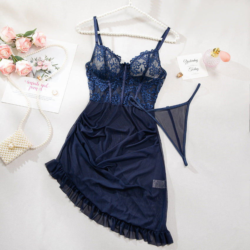 Navy Bloom Lace Lingerie Set