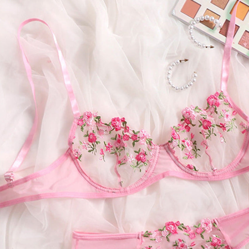 Transparent Floral Embroidered Lace Bra & Panty Set