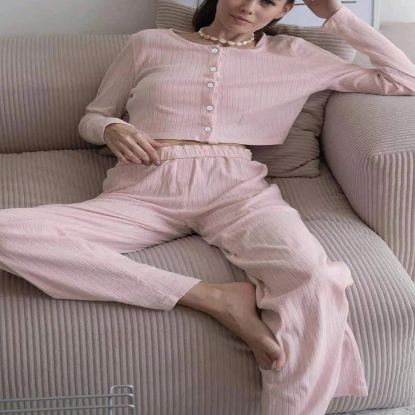 Comfortable Knitted Long Sleeve Top and Trouser Set