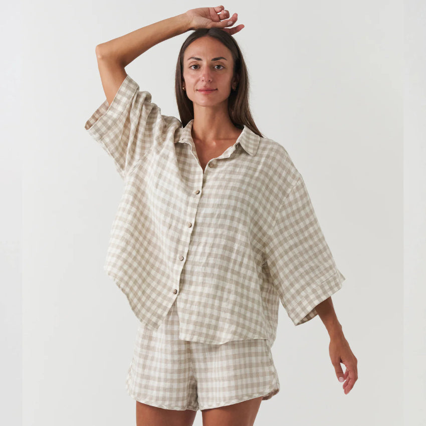 Beige Checked Printed Linen Pajama Set with Shorts