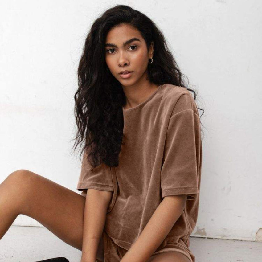 Knitted Round Neck Pajama Set - Casual Loose Fit with Shorts