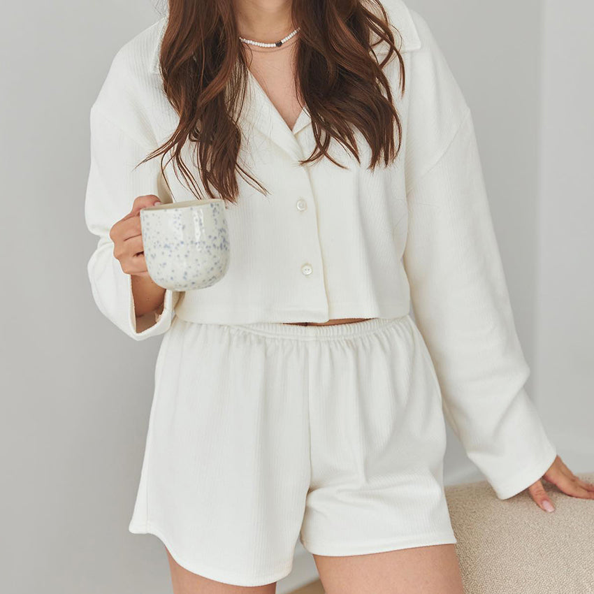 Ribbed Collared Button-Up Lounge Set
