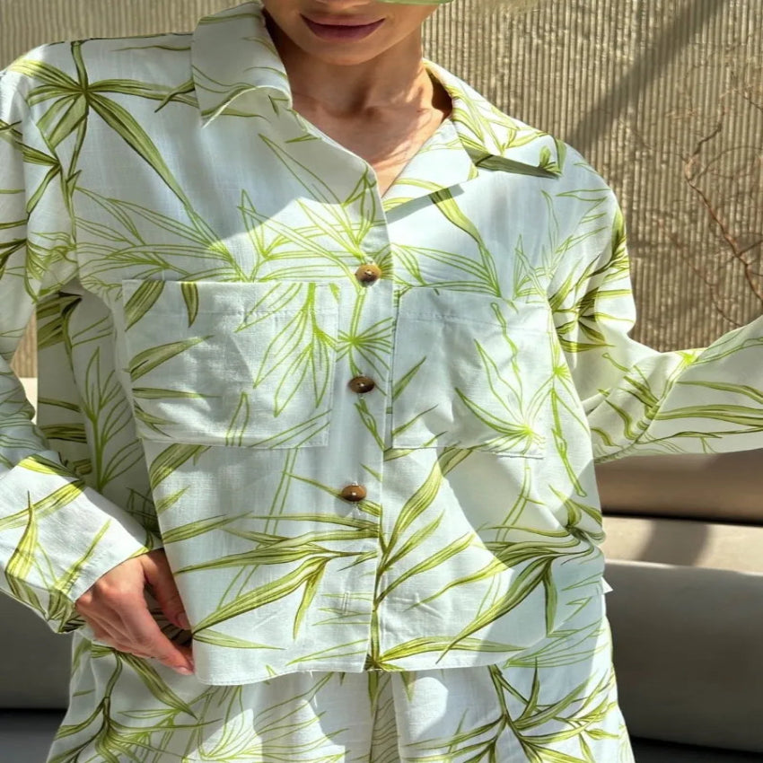 Tropical Print 3-Piece Set – Crop Top, Skirt & Shirt