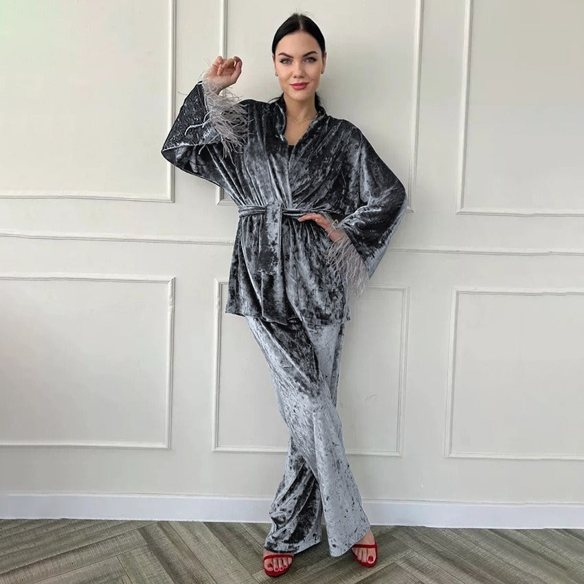 Velvet Robe Pajama Set For Women