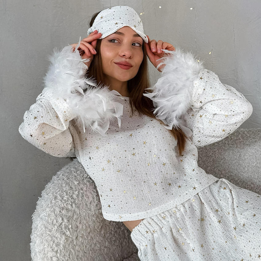 Shiny Top with Feather High-Waisted Shorts Pajama Set for Women