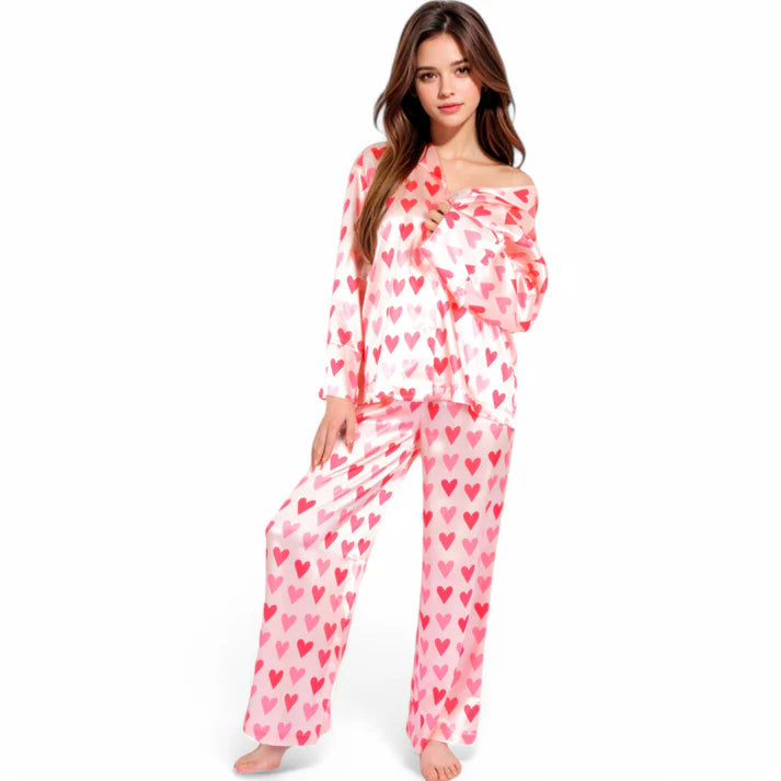 Pink Heart Print Button-Up Pajama Set