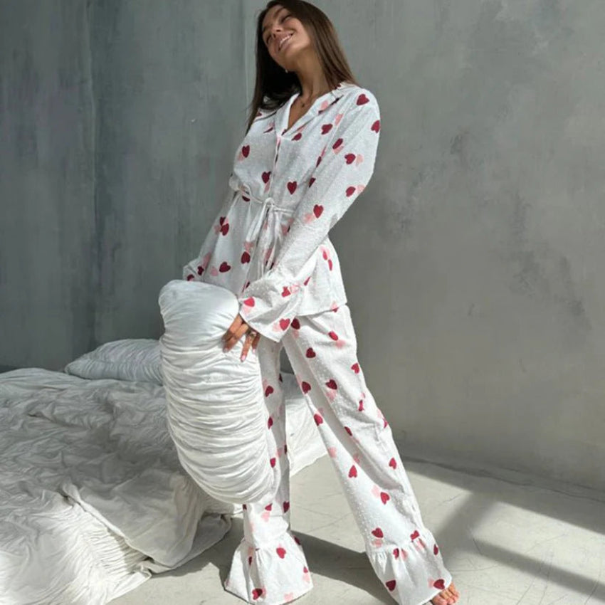 Love Printed Long Sleeve Cotton Pajama Set with Pants for Women
