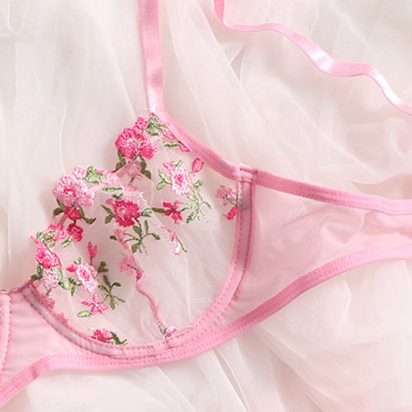 Transparent Floral Embroidered Lace Bra & Panty Set