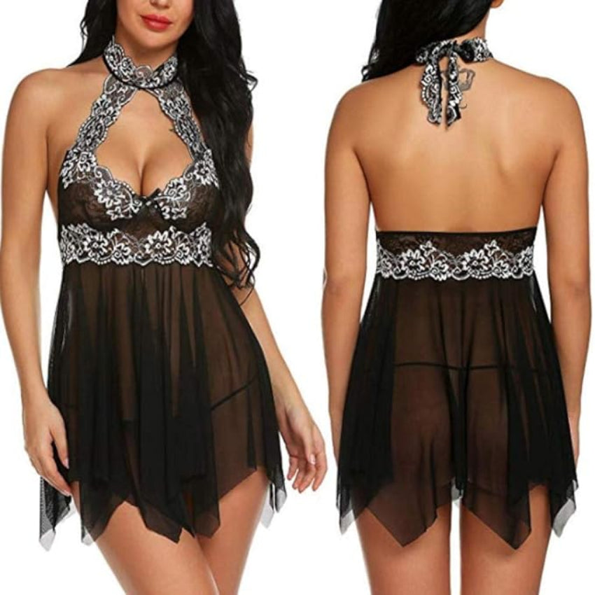 Black Lace Halter Nightwear Set