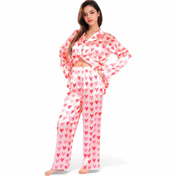 Pink Heart Print Button-Up Pajama Set