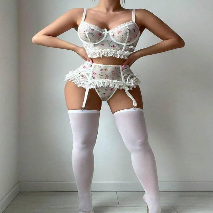 Mesh Floral Sexy 5-Piece Lingerie Set - Women's Intimate Wear