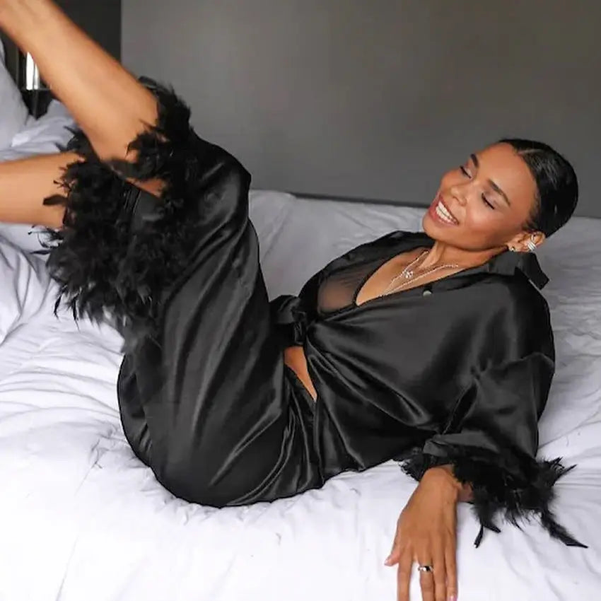 Feather Knit Pajama Set with Pants for Women
