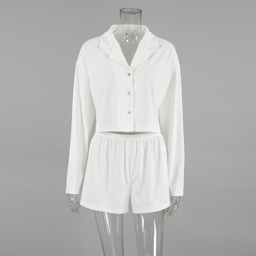 Ribbed Collared Button-Up Lounge Set