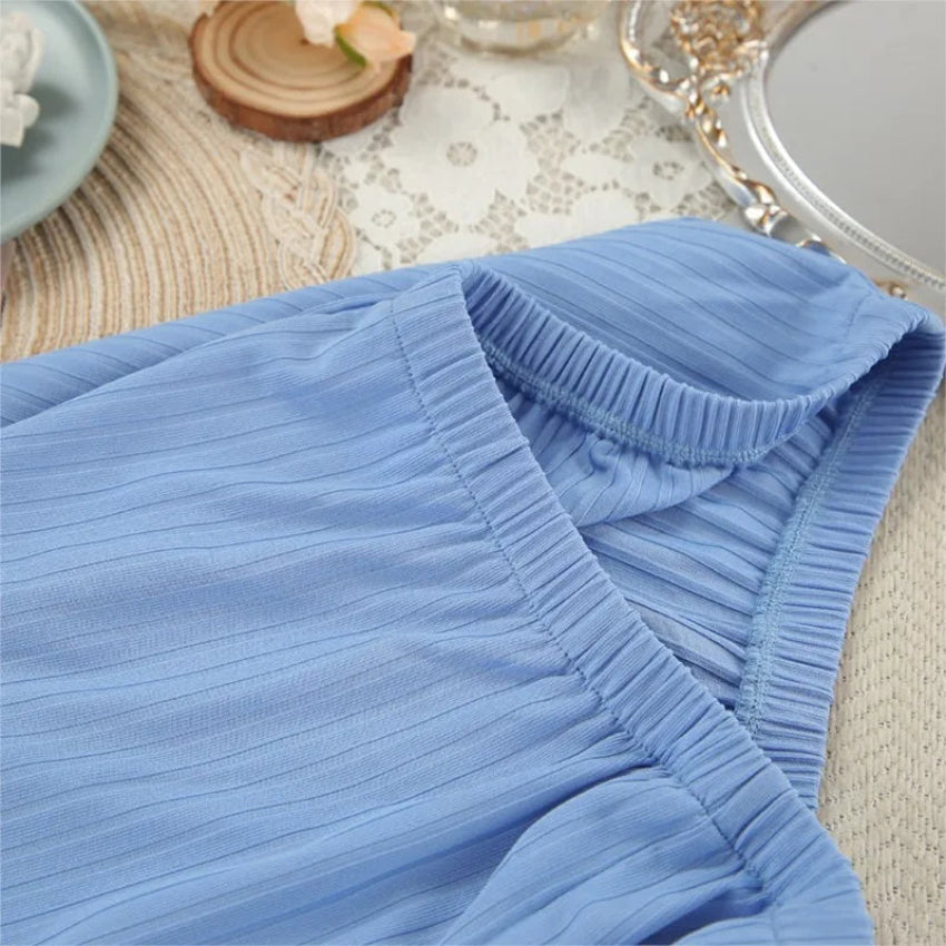 Blue Ribbed Knit Pajama Set with Full Trouser