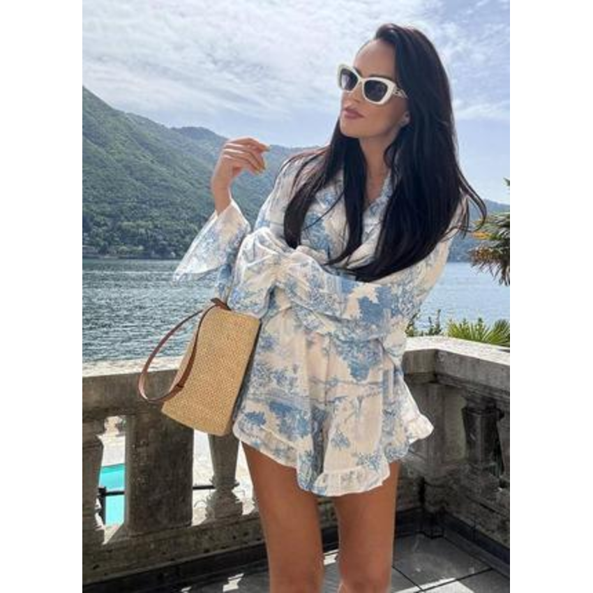 Printed Long Sleeve Blouse & High Waist Ruffle Shorts Set