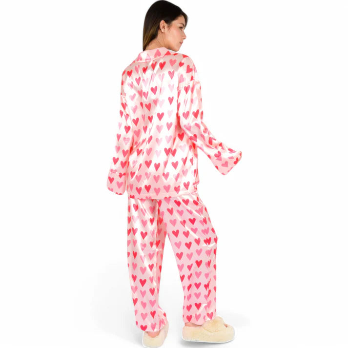 Pink Heart Print Button-Up Pajama Set