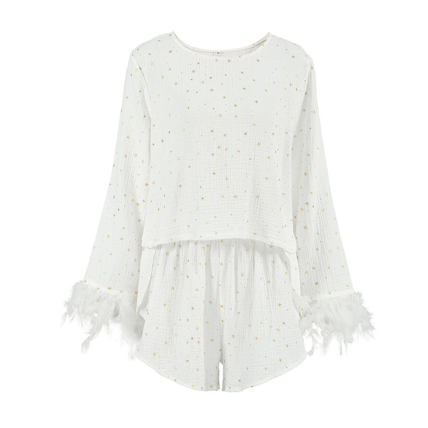 Shiny Top with Feather High-Waisted Shorts Pajama Set for Women