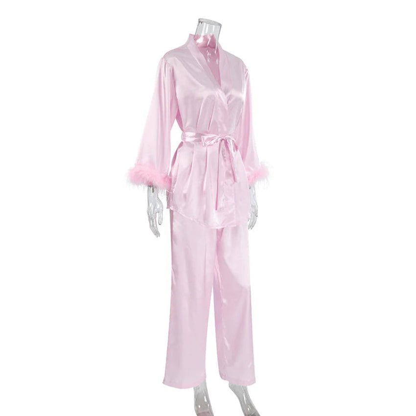 Feather Trim Satin Pajama Set with Belted Robe