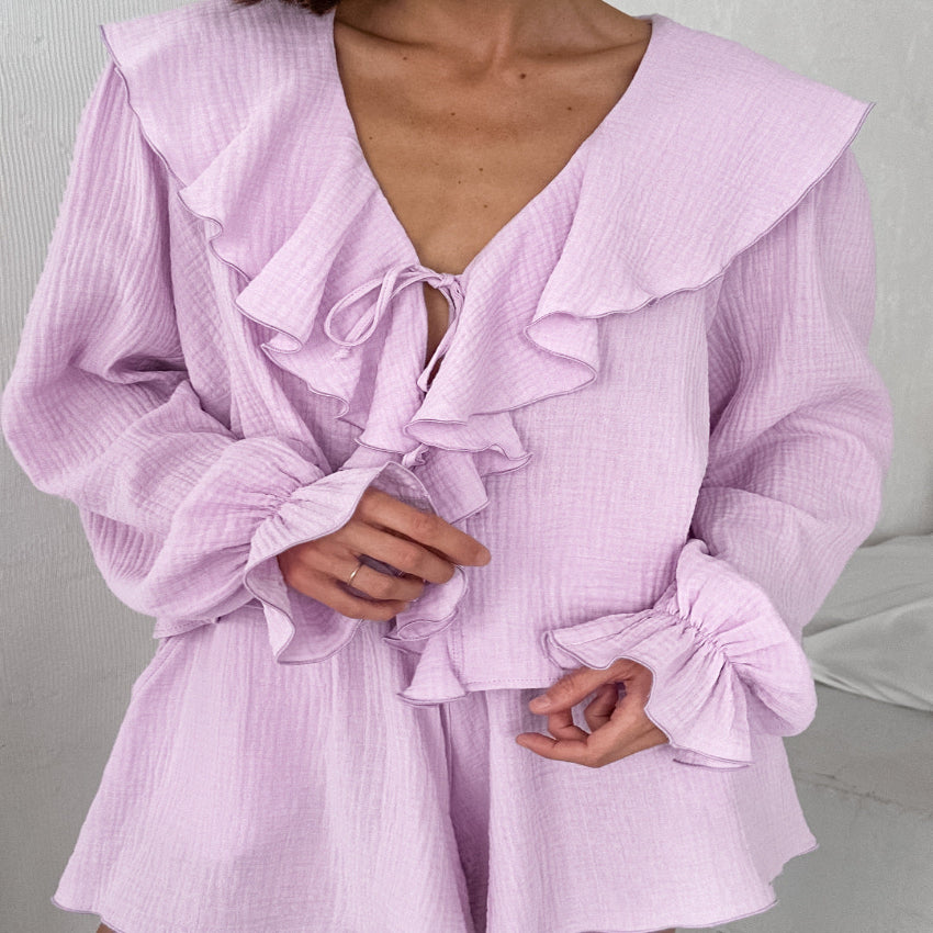 Lavender Ruffle Tie-Front Lounge Set