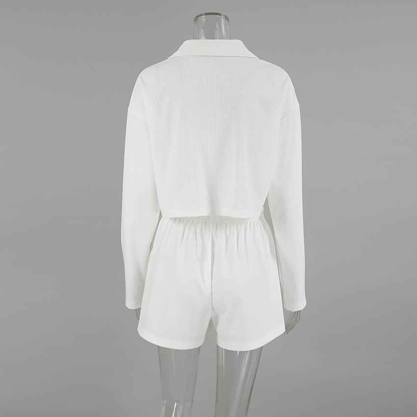 Ribbed Collared Button-Up Lounge Set