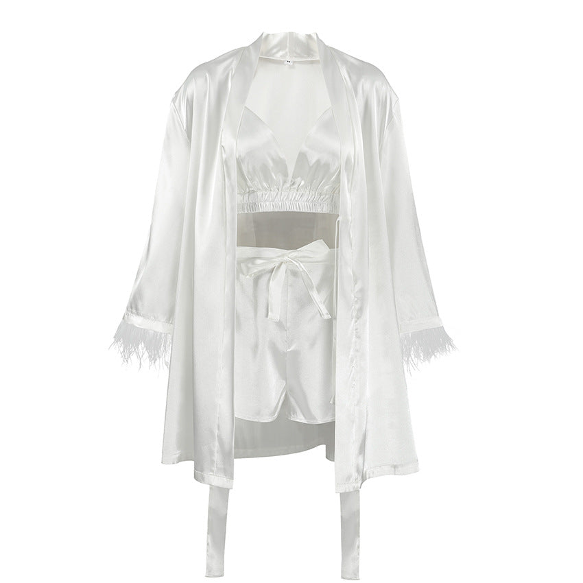 White Satin Robe & Lingerie Set For Women
