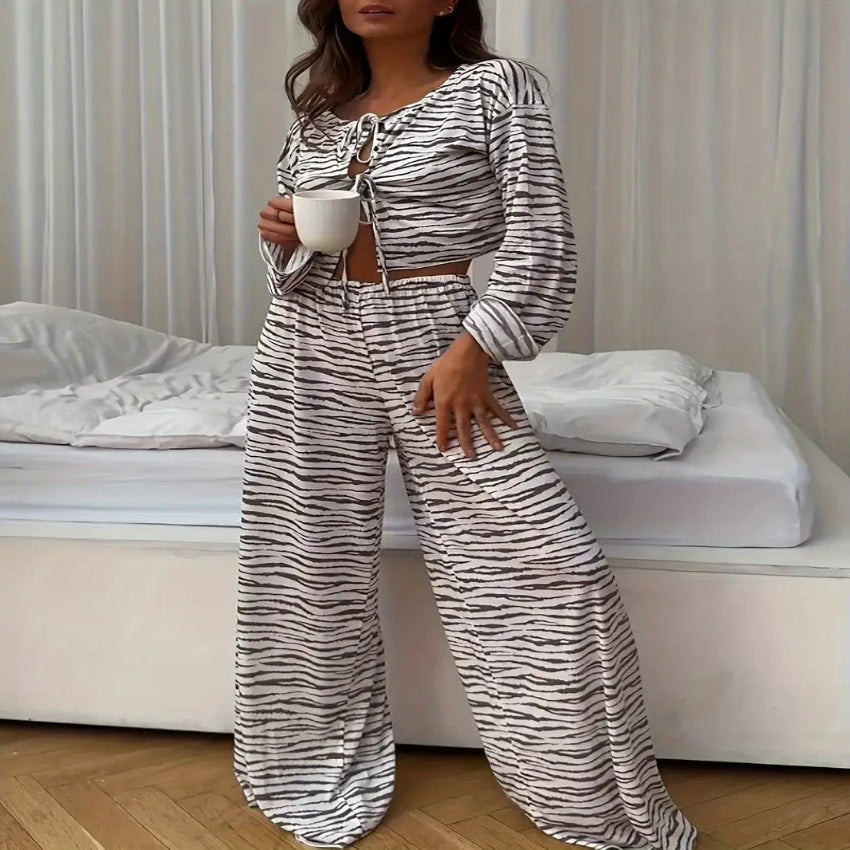 Zebra Print Long Sleeve Pajama Set with Drawstring