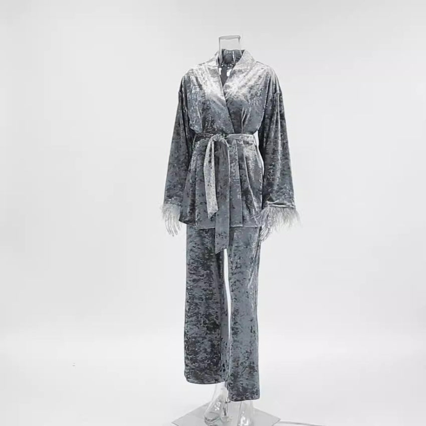 Velvet Robe Pajama Set For Women