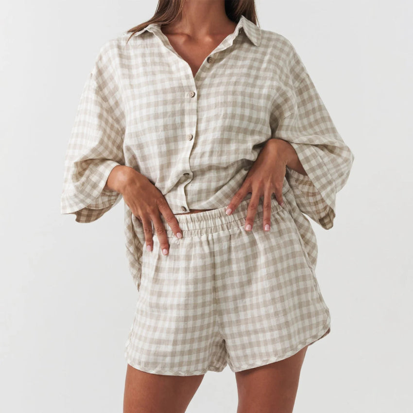 Beige Checked Printed Linen Pajama Set with Shorts