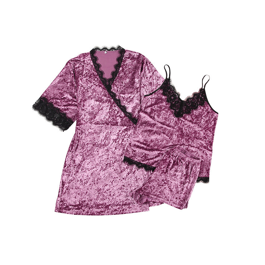 Luxurious 3-Piece Velvet Lace Pajama Set